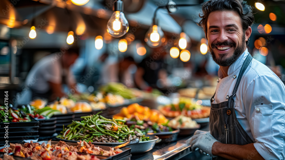 A smiling chef stands behind a buffet table filled with food. Concept of warmth and hospitality, inviting guests to enjoy the delicious spread A smiling chef stands behind a buffet table filled with food. Concept of warmth and hospitality, inviting guests to enjoy the delicious spread