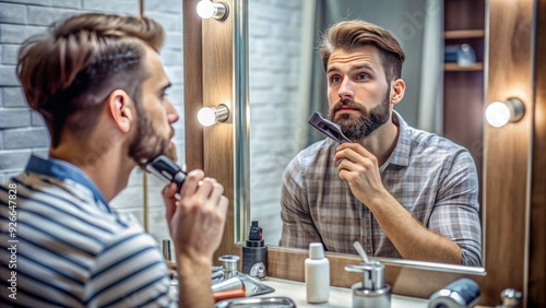 Attractive young adult male sitting in front of a mirror, shaving and trimming his beard with a razor and clippers, surrounded by grooming essentials.