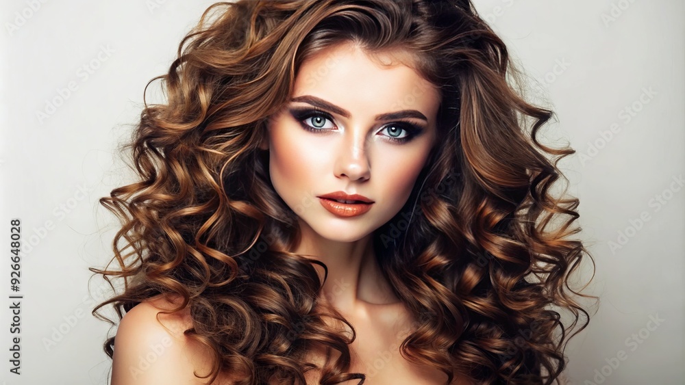Attractive young woman with stylishly tousled curly brown hair and flawless makeup poses in front of a white background, exuding confidence and sophistication. Attractive young woman with stylishly tousled curly brown hair and flawless makeup poses in front of a white background, exuding confidence and sophistication.