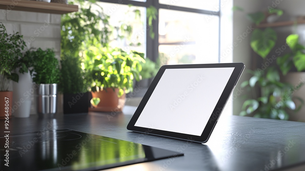 A black tablet with a blank screen rests on a gray kitchen countertop in front of a window with green plants, and a black stovetop. A black tablet with a blank screen rests on a gray kitchen countertop in front of a window with green plants, and a black stovetop.
