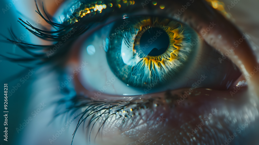 A closeup shot of a female blue eye with long eyelashes illuminated by the daytime sun A closeup shot of a female blue eye with long eyelashes illuminated by the daytime sun