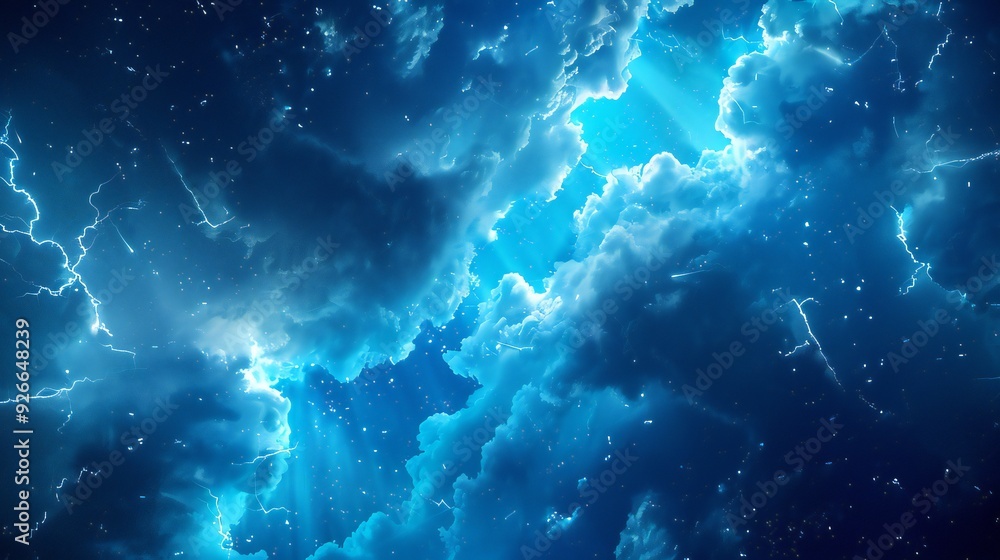 Fototapeta premium Blue comic background with white clouds and lightning, ideal for a superhero theme.