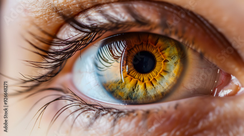 A closeup shot of a female brown eye with long eyelashes illuminated by the daytime sun
