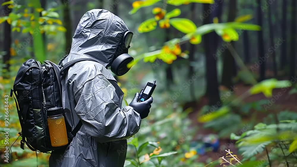 The suited figure uses a handheld device to measure radiation levels in the air, his movements slow The suited figure uses a handheld device to measure radiation levels in the air, his movements slow
