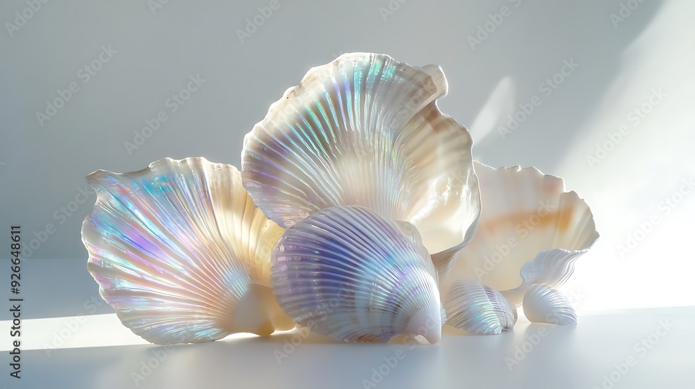 A Group of Iridescent Seashells on a White Surface A Group of Iridescent Seashells on a White Surface