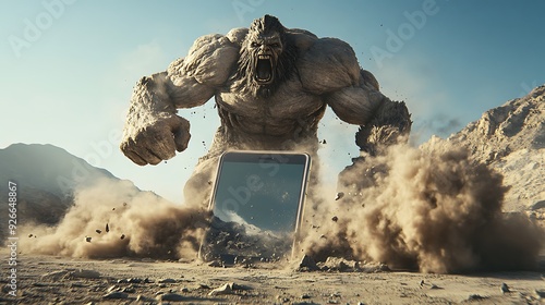 A giant, stone-like gorilla is about to smash a smartphone lying on the ground, sending dirt and dust flying in the air.