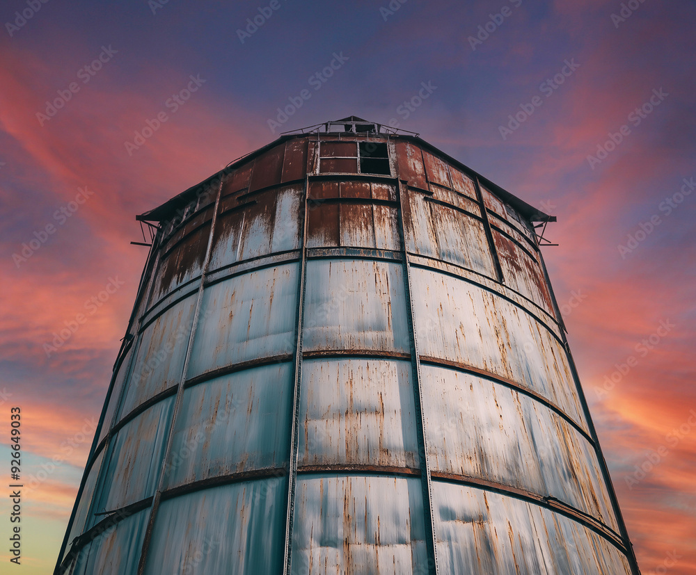low angle view of abandoned and rusty grain silo with sunset or sunrise sky background, copy space low angle view of abandoned and rusty grain silo with sunset or sunrise sky background, copy space