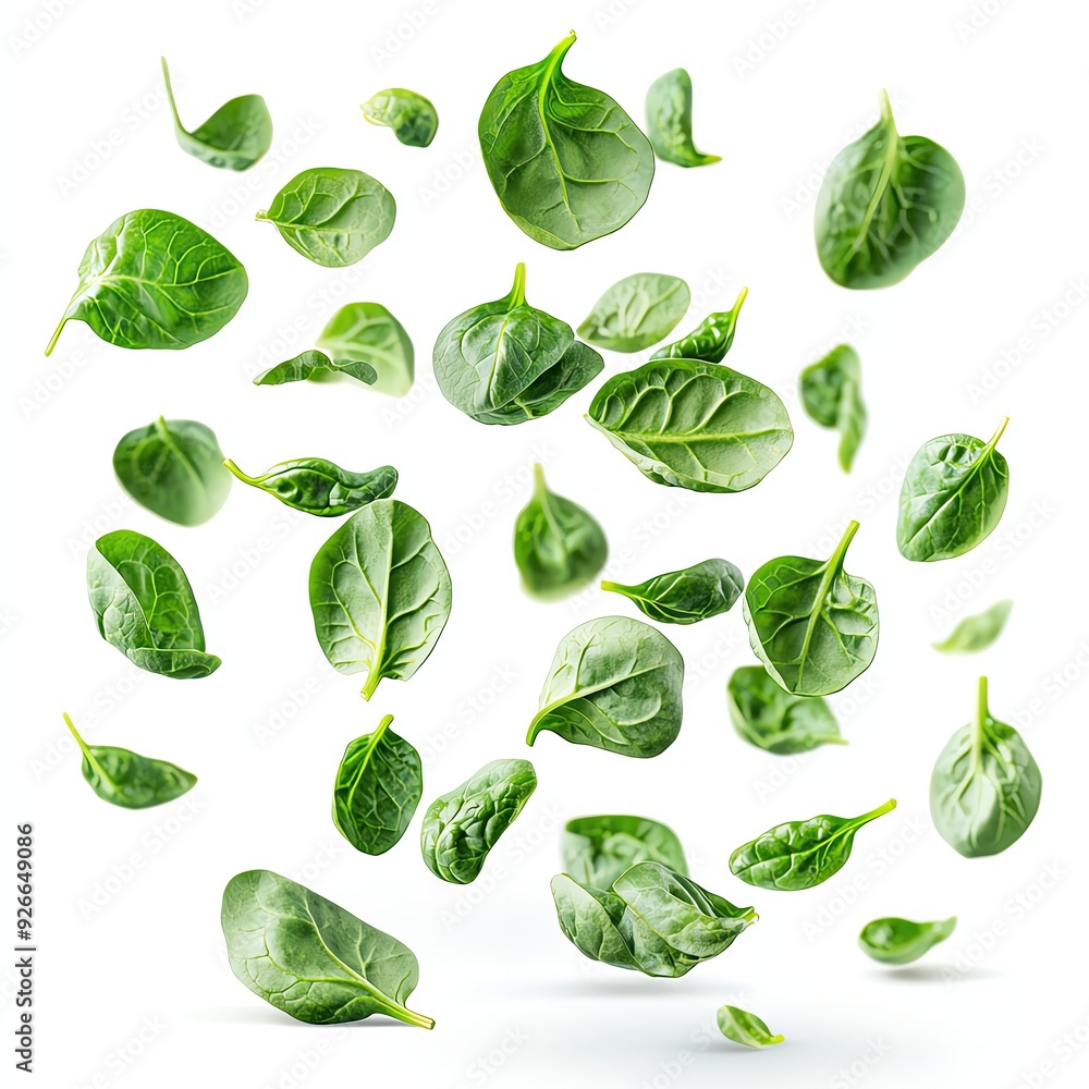A vibrant collection of fresh spinach leaves floating against a pure white background, showcasing their rich green color and texture. A vibrant collection of fresh spinach leaves floating against a pure white background, showcasing their rich green color and texture.