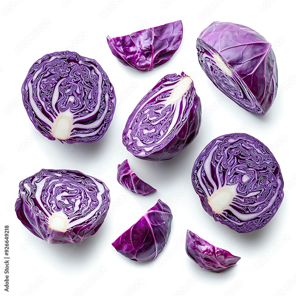 Fresh purple cabbage slices scattered on a white surface, showcasing vibrant color and intricate texture. Fresh purple cabbage slices scattered on a white surface, showcasing vibrant color and intricate texture.
