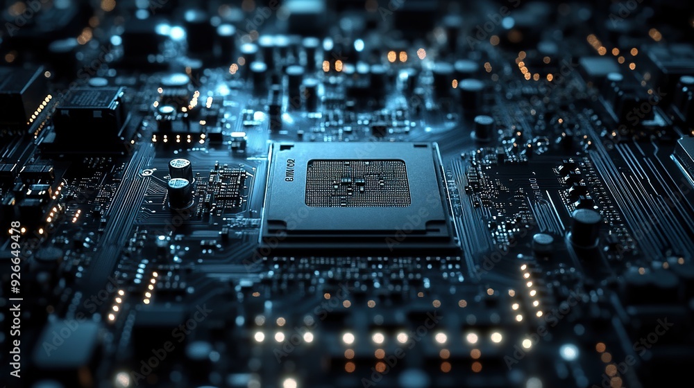 A close-up of a digital motherboard with network mesh wire patterns, spotlighted to emphasize the intricate circuitry and connections against a dark backdrop A close-up of a digital motherboard with network mesh wire patterns, spotlighted to emphasize the intricate circuitry and connections against a dark backdrop