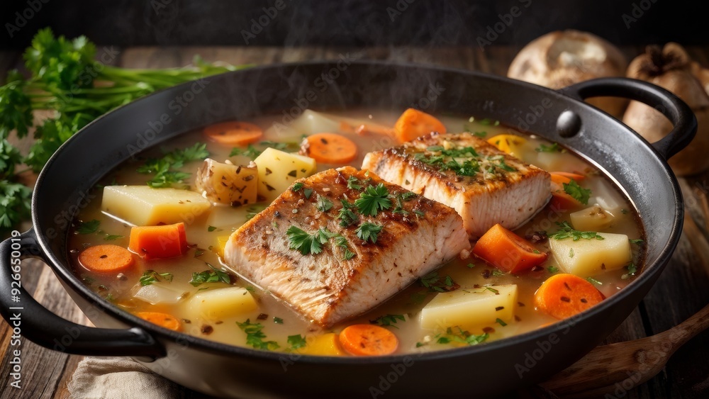 Pieces of trout floating among juicy slices of carrots, parsnips, celery, garlic and potatoes - all this together in a thick broth soup sprinkled with fresh chopped parsley. Pieces of trout floating among juicy slices of carrots, parsnips, celery, garlic and potatoes - all this together in a thick broth soup sprinkled with fresh chopped parsley.