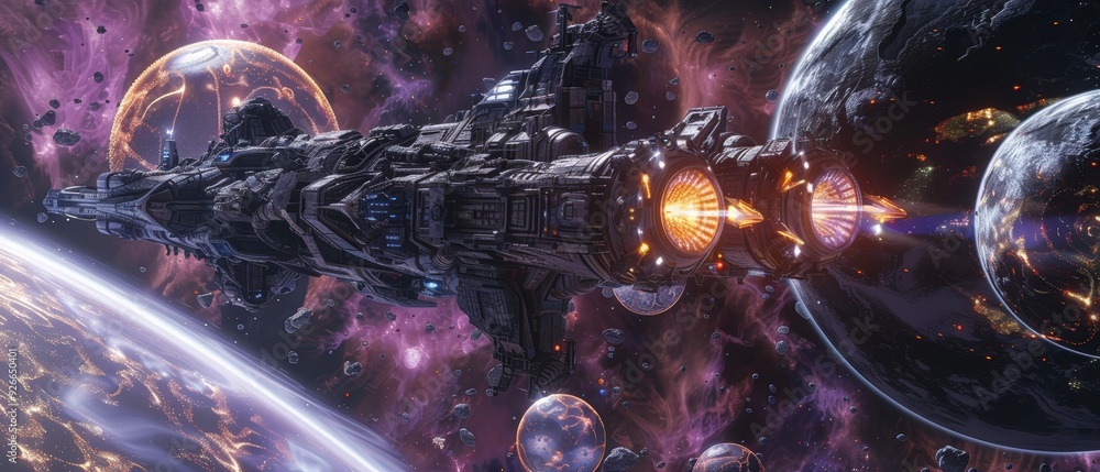 Spaceship in a Starfield with Planets Spaceship in a Starfield with Planets