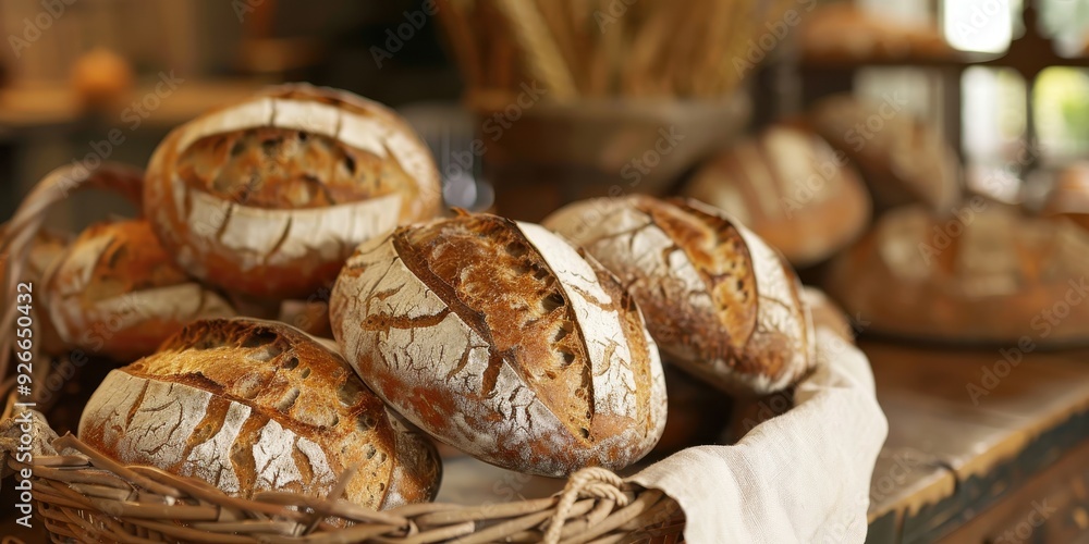 Freshly baked bread loaves in a rustic basket, showcasing the art of traditional baking in a warm, inviting setting. Freshly baked bread loaves in a rustic basket, showcasing the art of traditional baking in a warm, inviting setting.