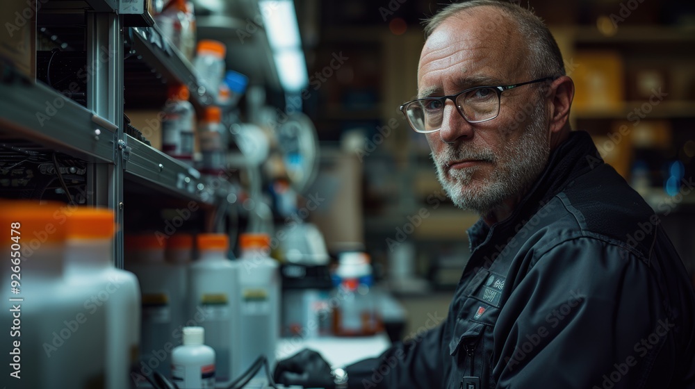 Fototapeta premium A scientist analyzes samples in a laboratory filled with containers at night