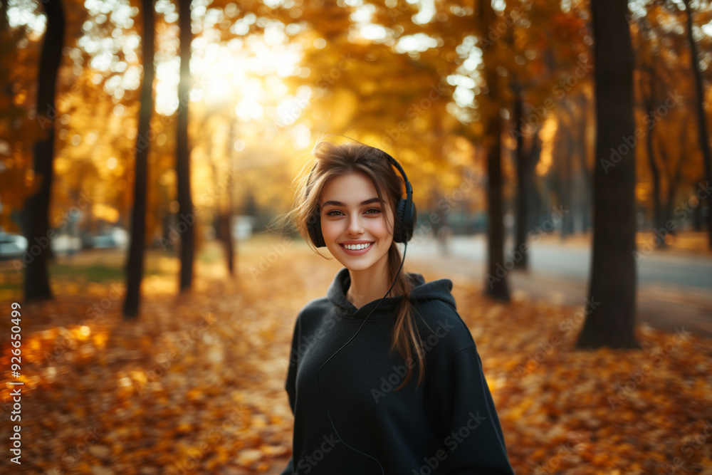 Portrait of pretty beautiful young woman running wearing black hoodie and headphones in autumn park background. Healthy clean fresh skin smiling natural make up beauty eyes and sport clothes Portrait of pretty beautiful young woman running wearing black hoodie and headphones in autumn park background. Healthy clean fresh skin smiling natural make up beauty eyes and sport clothes