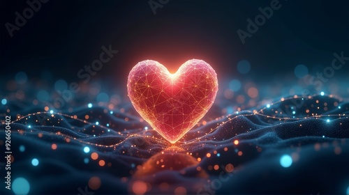 A glowing, digital heart made of interconnected nodes and lines pulses with vibrant energy against a dark, futuristic background, symbolizing love and technology.