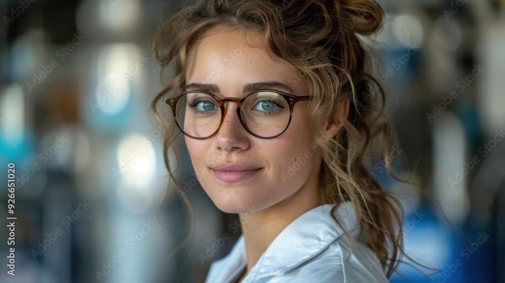 Young woman with glasses smiling indoors at a science lab during daytime Young woman with glasses smiling indoors at a science lab during daytime