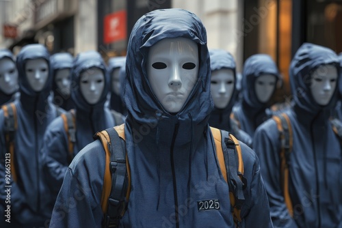 Many mannequins dressed in blue and orange, new year 2025