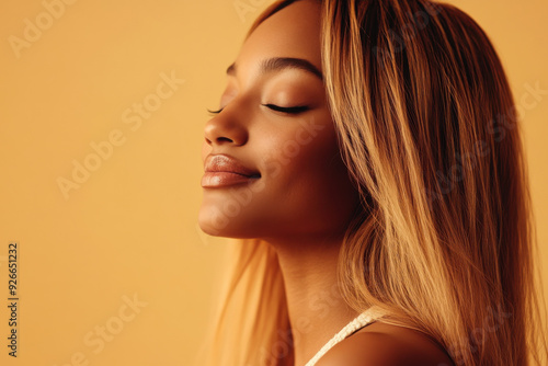 A close up of a black woman's face with her eyes closed and long blond hair