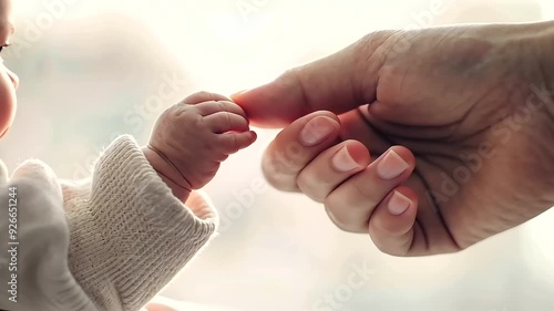 tender close-up of a mother gently holding her newborn baby's tiny hand. The image beautifully represents the deep bond of motherhood, emphasizing love, care, and the precious connection between mothe photo