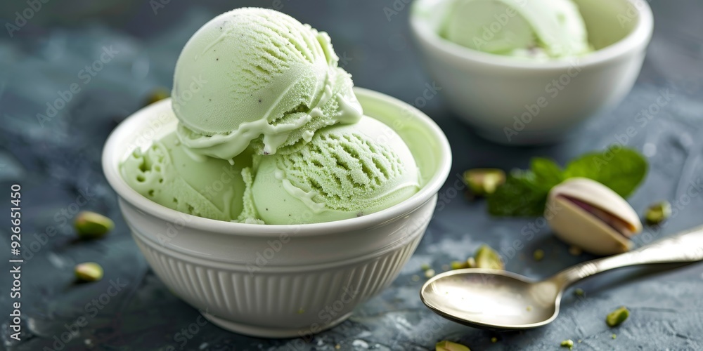 Indulge in a refreshing bowl of mint ice cream, garnished with mint leaves and served with a silver spoon. Perfect for dessert lovers! Indulge in a refreshing bowl of mint ice cream, garnished with mint leaves and served with a silver spoon. Perfect for dessert lovers!