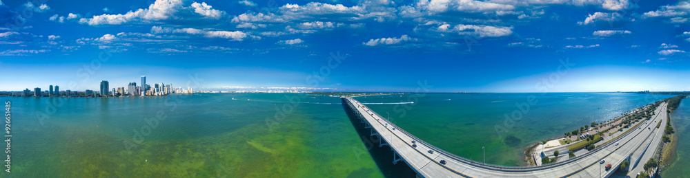 Miami Rickenbacker Causeway aerial view on a beautiful sunny day, Florida Miami Rickenbacker Causeway aerial view on a beautiful sunny day, Florida