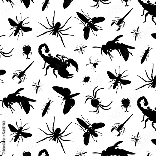 Silhouettes of insects in a pattern.Black silhouettes of insects on a transparent background in a vector pattern.