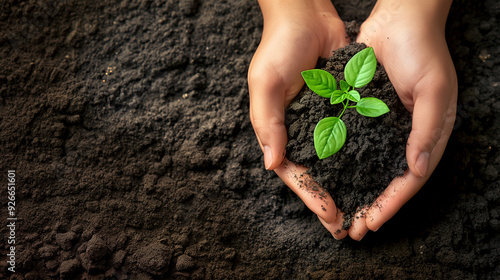 Close up of Hands Holding a Young Plant Growing from Rich Soil in a Natural Setting