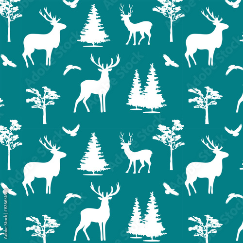 Silhouettes of deer and trees in a pattern.Vector seamless pattern with silhouettes of deer, birds and trees on a colored background.