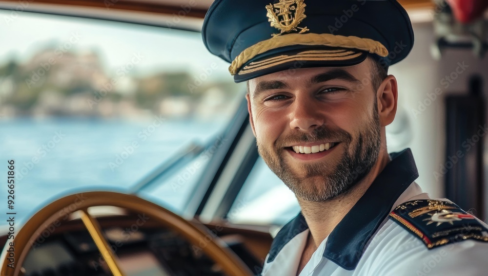 Smiling captain in uniform on boat. Smiling captain in uniform on boat.