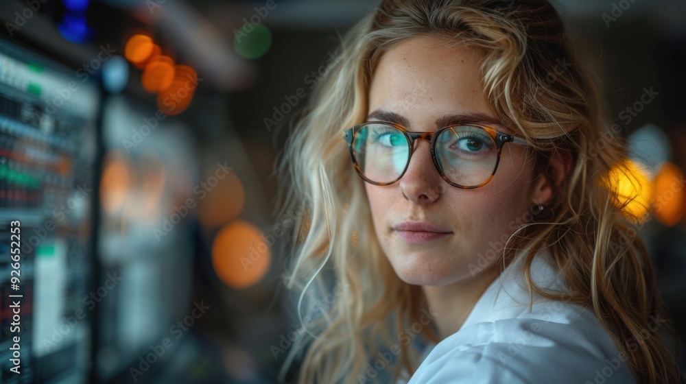 Young woman with glasses monitors computer screens in a modern workspace during a busy evening Young woman with glasses monitors computer screens in a modern workspace during a busy evening