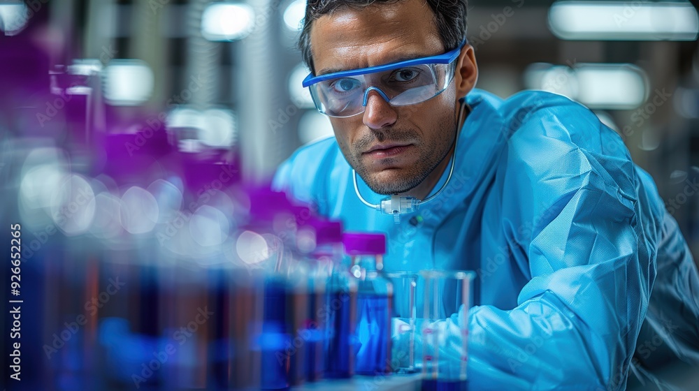 Scientist analyzing samples in a laboratory during late evening hours Scientist analyzing samples in a laboratory during late evening hours