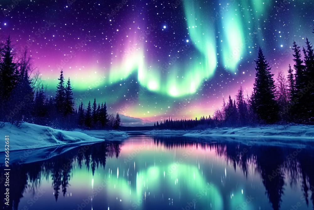 Northern Lights Reflecting on a Frozen Lake. Northern Lights Reflecting on a Frozen Lake.