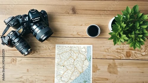 A top-down view of essential travel and outdoor adventure gear laid out on a wooden table. The scene includes a map with marked locations, a backpack, a camera, and hiking boots, evoking the excitemen photo