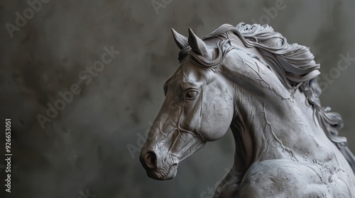 Sculpture of a horse's head and neck, with intricate details and a realistic portrayal