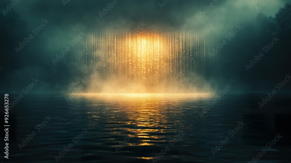 A serene landscape with a rain shower falling over a calm lake, with the spotlight highlighting the falling water drops against a dark, misty background A serene landscape with a rain shower falling over a calm lake, with the spotlight highlighting the falling water drops against a dark, misty background