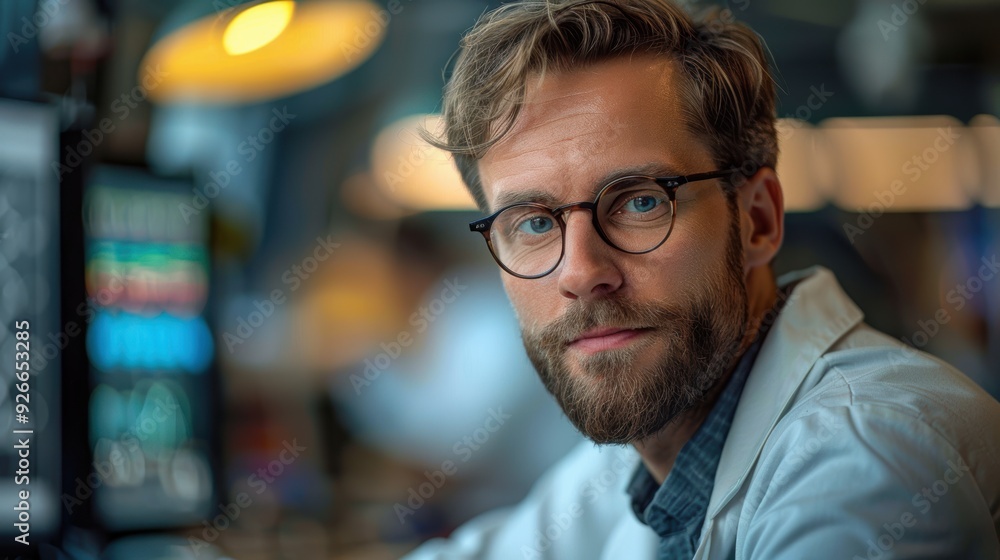 Obraz premium A man with glasses working at a computer desk in a modern office environment during the daytime