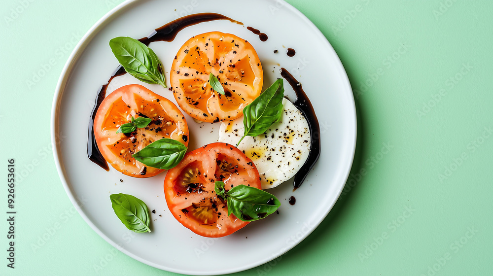 Minimalist Plate with Caprese Salad Featuring Fresh Tomatoes and Basil Minimalist Plate with Caprese Salad Featuring Fresh Tomatoes and Basil