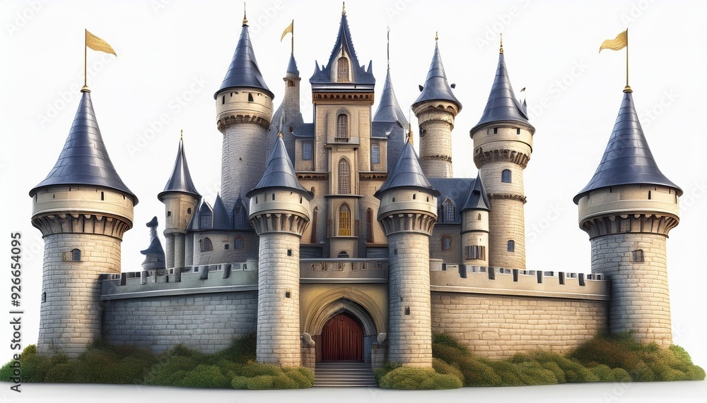 On a white BackgroundA realistic rendering of a medieval castle with a large tower and several smaller towers. On a white BackgroundA realistic rendering of a medieval castle with a large tower and several smaller towers.