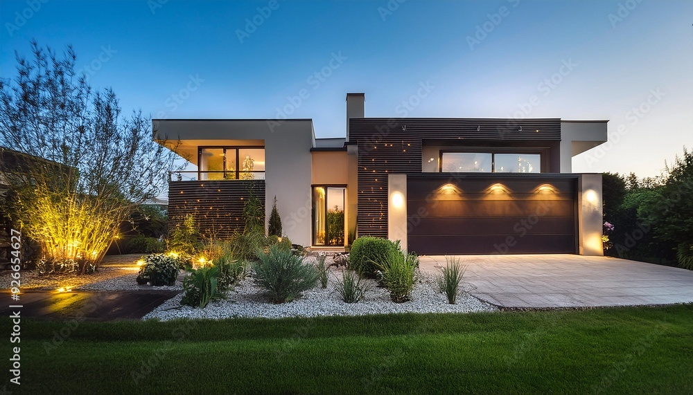 Obraz premium Modern House Exterior with Landscaped Garden and Lighting