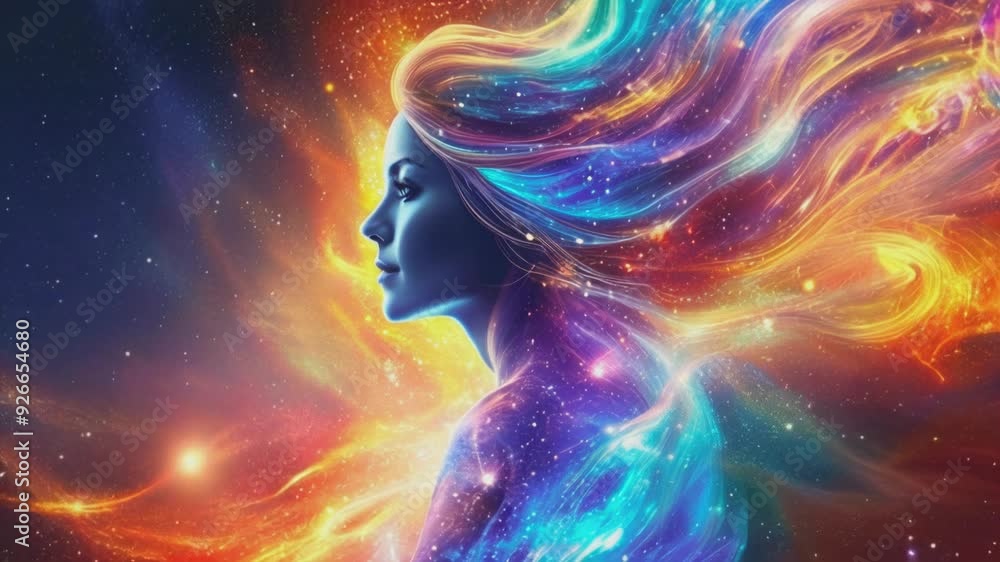 Woman profile bathed in vibrant, swirling cosmic colors, blending with the stars and the universe. Hair flows like nebulae, embodying the essence of space and energy, merging the ethereal and human Woman profile bathed in vibrant, swirling cosmic colors, blending with the stars and the universe. Hair flows like nebulae, embodying the essence of space and energy, merging the ethereal and human