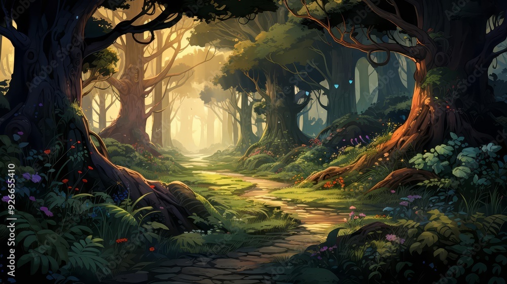 Mysterious forest path flat design front view enchanted woods watercolor Splitcomplementary color scheme Mysterious forest path flat design front view enchanted woods watercolor Splitcomplementary color scheme