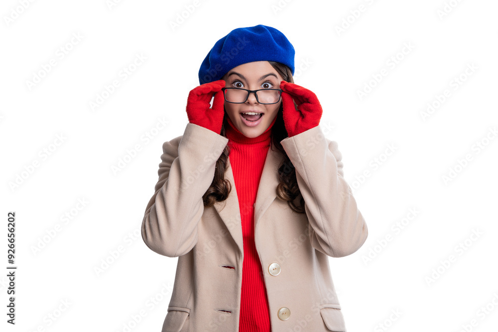 Fashion style for autumn. Teen girl look in eyeglasses. Autumn fashion style. Stylish teen girl in glasses. Fall trend. Eyewear for teen isolated on white. Stylish in eyeglasses. Feeling surprised