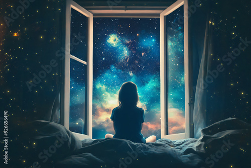 Girl Gazing at the Night Sky from a Window.