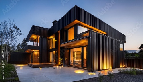 Modern Black and Wooden House Exterior Design with Yellow Lights