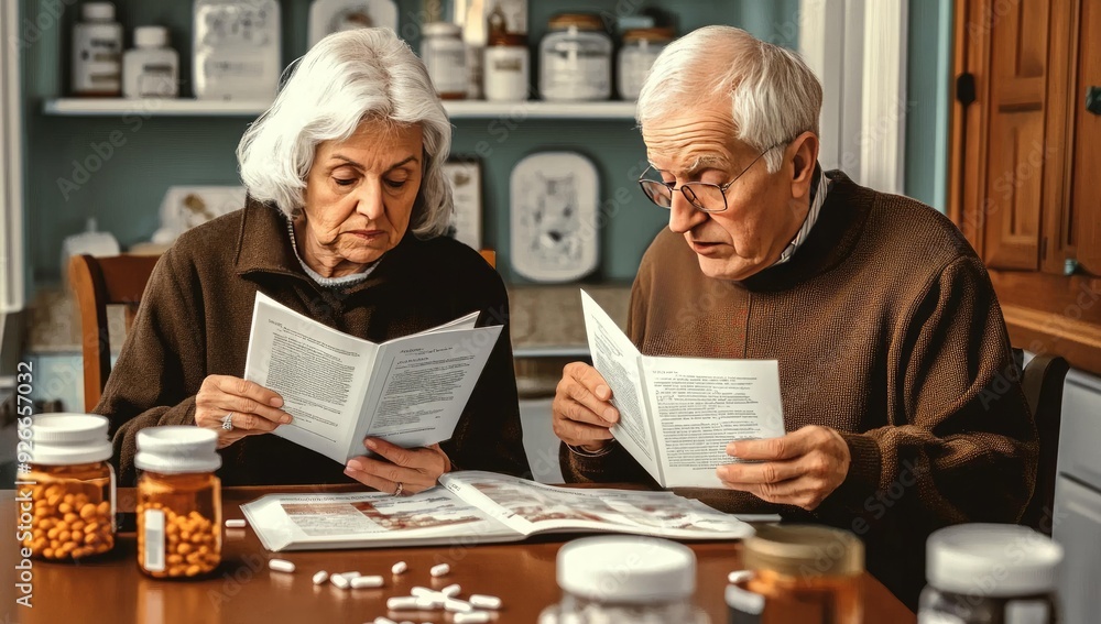 Elderly couple reading medical pamphlets at table. Elderly couple reading medical pamphlets at table.