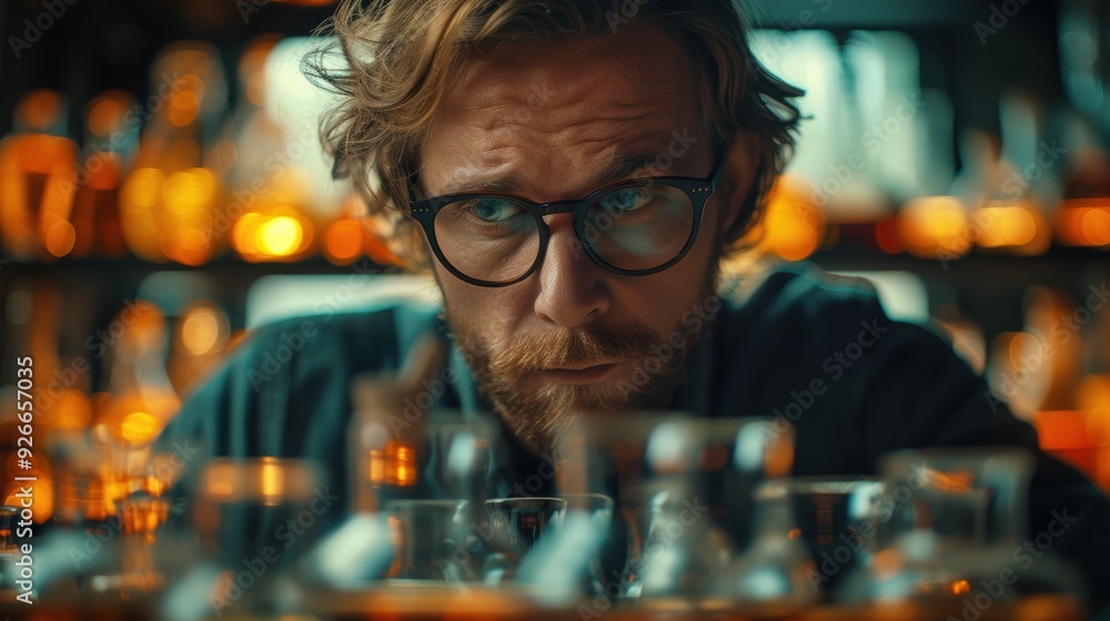 Scientist analyzing chemical reactions in a lab filled with glassware during twilight hours Scientist analyzing chemical reactions in a lab filled with glassware during twilight hours