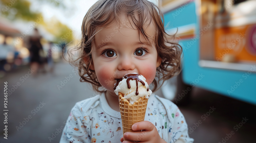 Cute toddler enjoying a melting vanilla ice cream cone Cute toddler enjoying a melting vanilla ice cream cone
