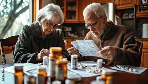 Elderly couple reviewing medication bottles and papers.