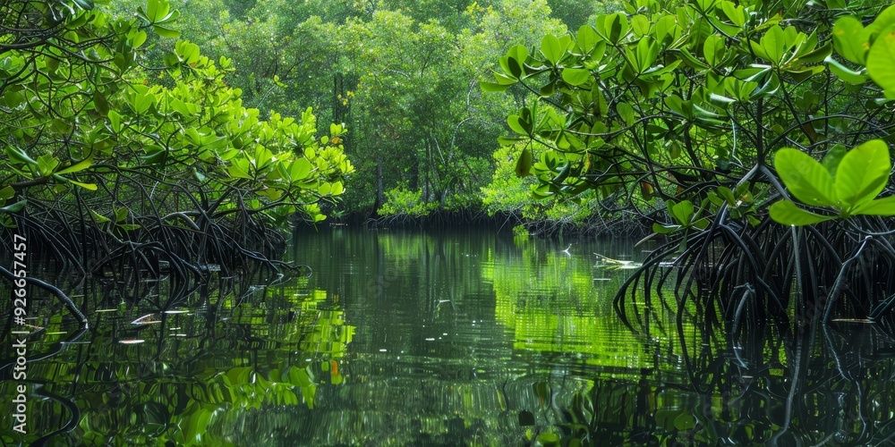 Serene mangrove landscape reflecting lush greenery on tranquil water, perfect for nature and environmental themes. Serene mangrove landscape reflecting lush greenery on tranquil water, perfect for nature and environmental themes.